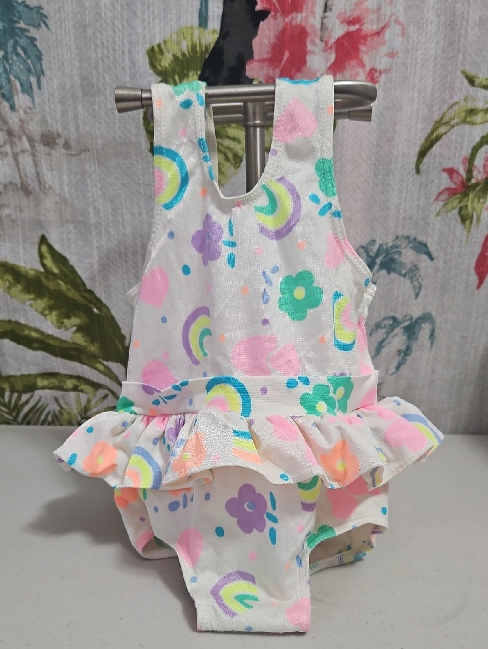 Carters Swimsuit Infant 12mo Size White Pink Blue Big Bow Stretchy